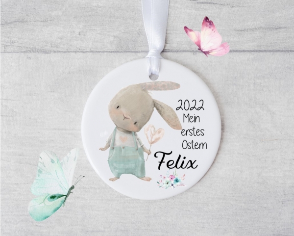 Erinnerungsanhänger Osteranhänger personalisiert, Osterhase, Hase mit Herz, mein erstes Ostern, Keramik, Anhänger Ostern von Lüttentüddel®
